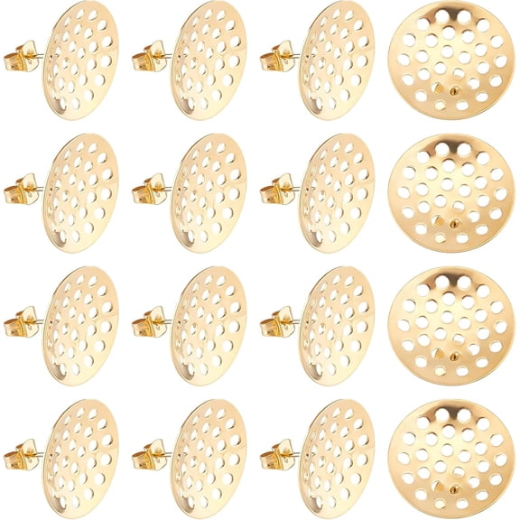20Pcs Stainless Steel Stud Earring Findings Blank Earring Posts with 0.8mm Pin and 1.5mm Loop Hole Golden Color Sieve Base and Earrings Backs for Jewelry Earrings Making