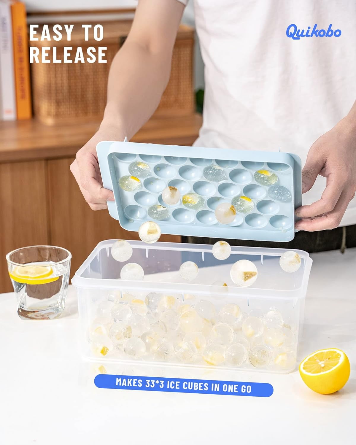 Ice Cube Tray with Lid & Bin Ice Ball Maker Mold for Freezer with Container Mini Circle Ice Cube Tray Making 99PCS Sphere Ice Balls (2.54cm/1 inch), 3 Trays 1 ice Bucket & Scoop