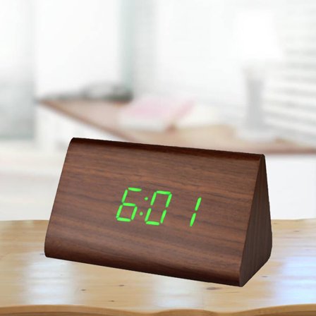 PBPBOX Brown Wooden Desk Clock with LED Display Alarm Snooze and Indoor Thermometer for Home