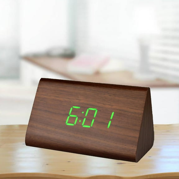 PBPBOX Brown Wooden Desk Clock with LED Display Alarm Snooze and Indoor Thermometer for Home