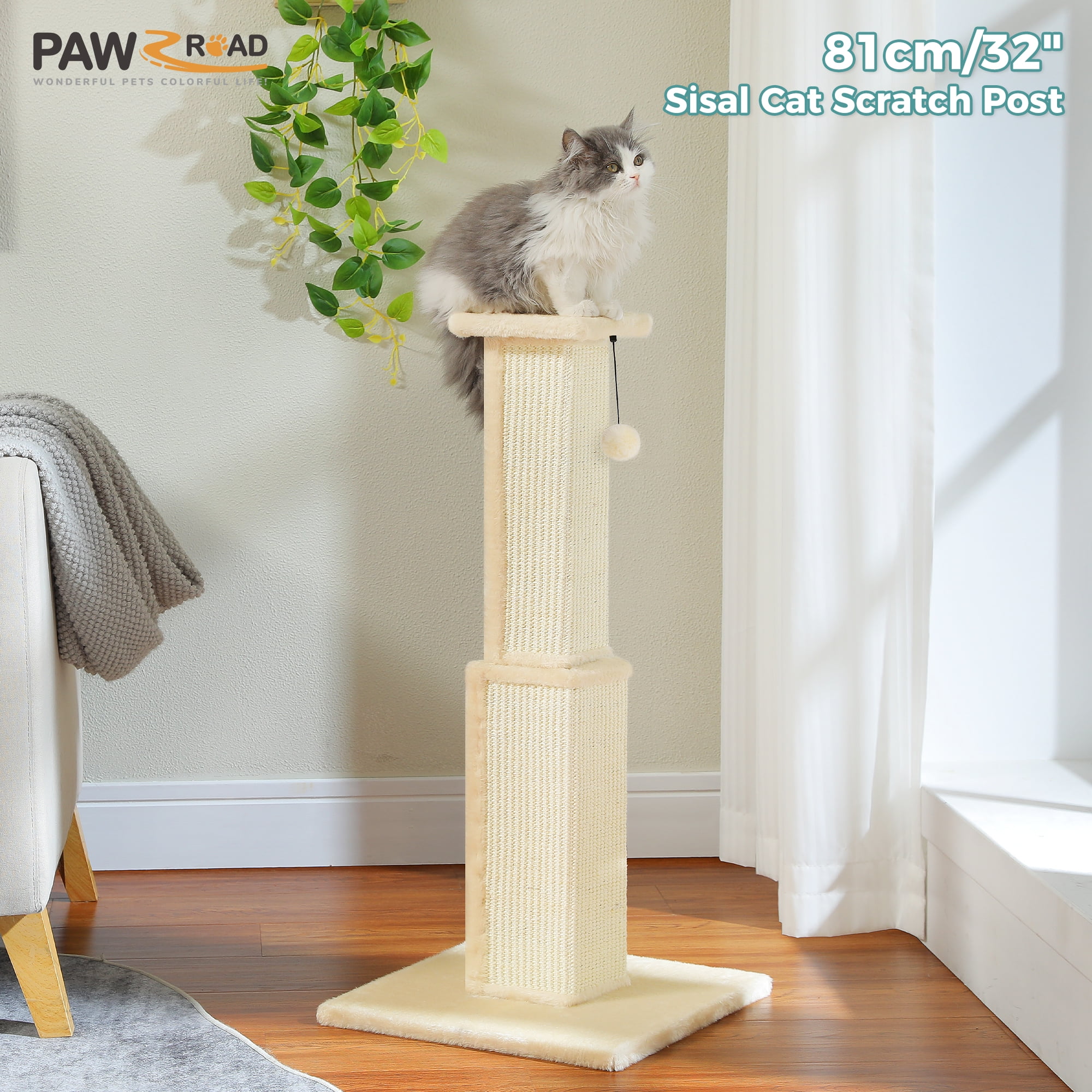 PAWZ Road 31" Natural Sisal Cat Scratching Post Indoor Cat Scratcher with Plush Large Base, Beige