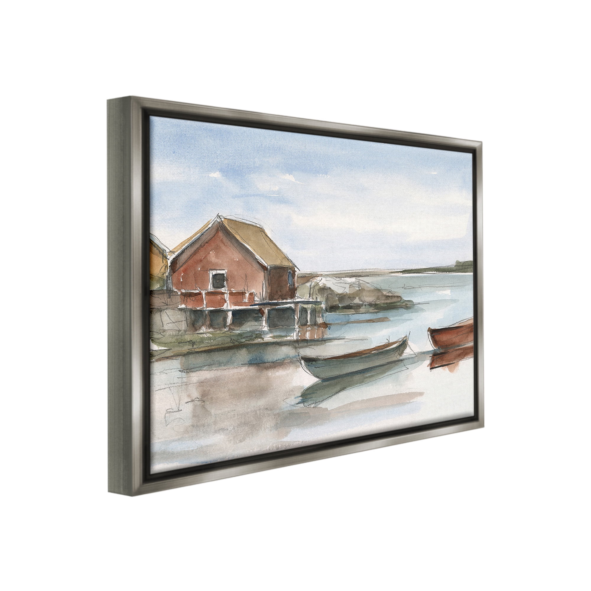 Stupell Industries Rowboats on Shore Landscape Painting Gray Floater Framed Canvas Art Print Wall Art, 21 x 17