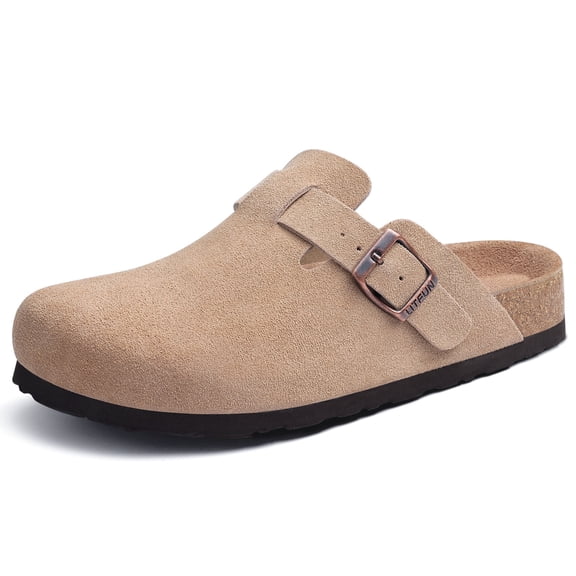 Litfun Suede Clogs for Women Cork Footbed Leather Sandals Arch Support Potato Shoes with Adjustable Buckle, Taupe