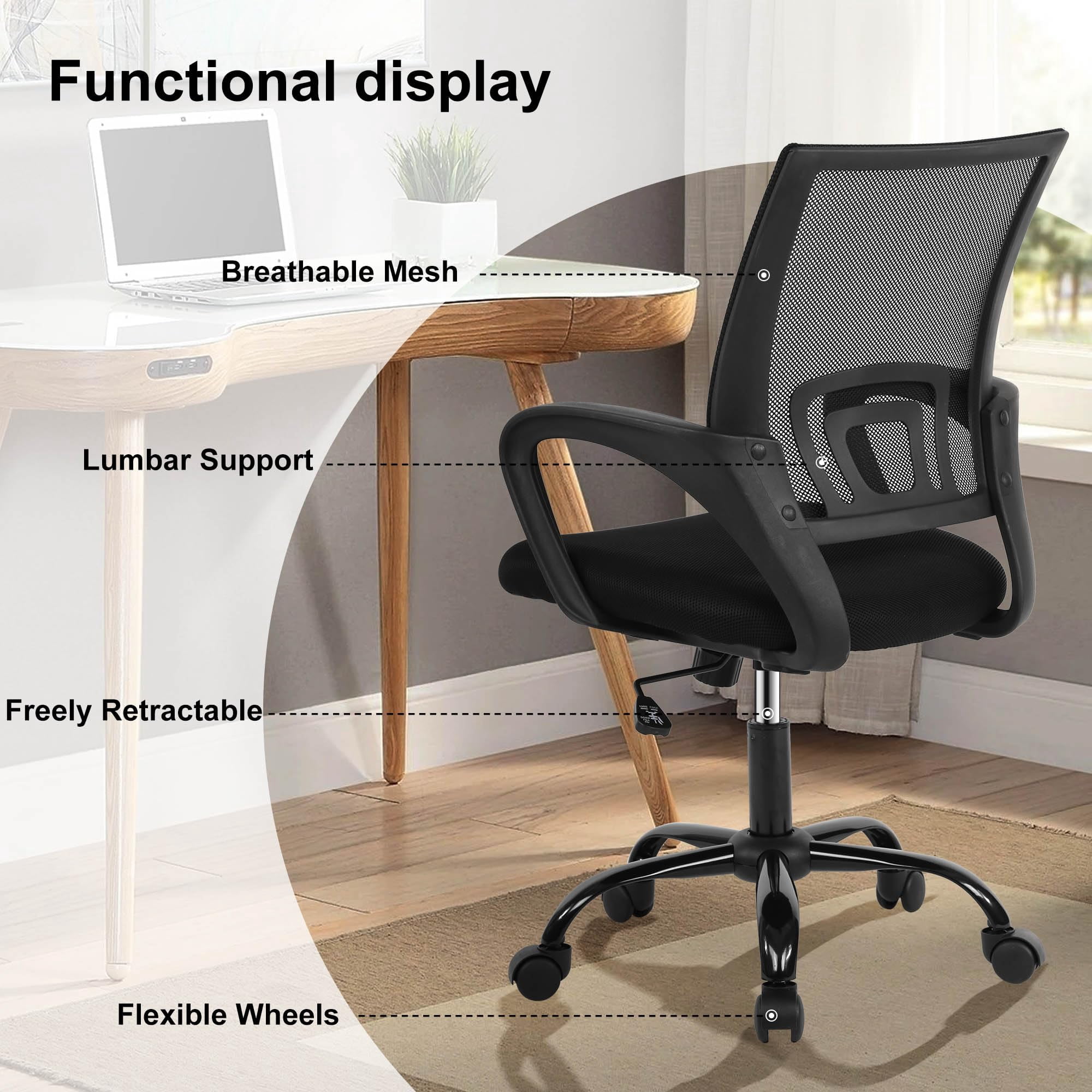 CL.HPAHKL Ergonomic Desk Chair, Mid-Back Mesh Office Chair with Wheels, Rolling Swivel Computer Task Chair for Home Office, Fixed Armrests, Tilt & Height Adjustable, Black