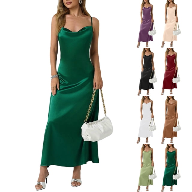 Mceream Robe Midi Moulante Froncée pour Femme à Bretelles Spaghetti Longue Combinaison Satin Soie Robe Midi Dos Nu Soirée Fête Invitée de Mariage Robe Cocktail Vert m
