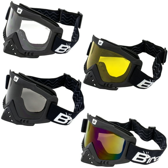 Birdz Eyewear Toucan Motorcycle Sports Ski & Riding Goggles 4 Pairs w/ Nose Guard Black Frame in Clear Smoke Yellow & Blue Mirror Lenses