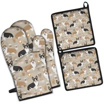 Cartoon Corgi and Coffee Kitchen Oven Mitt and Pot Holder Sets 4 Pcs for Baking, Cooking and Grilling, Heat Resistant Up To 392 °F