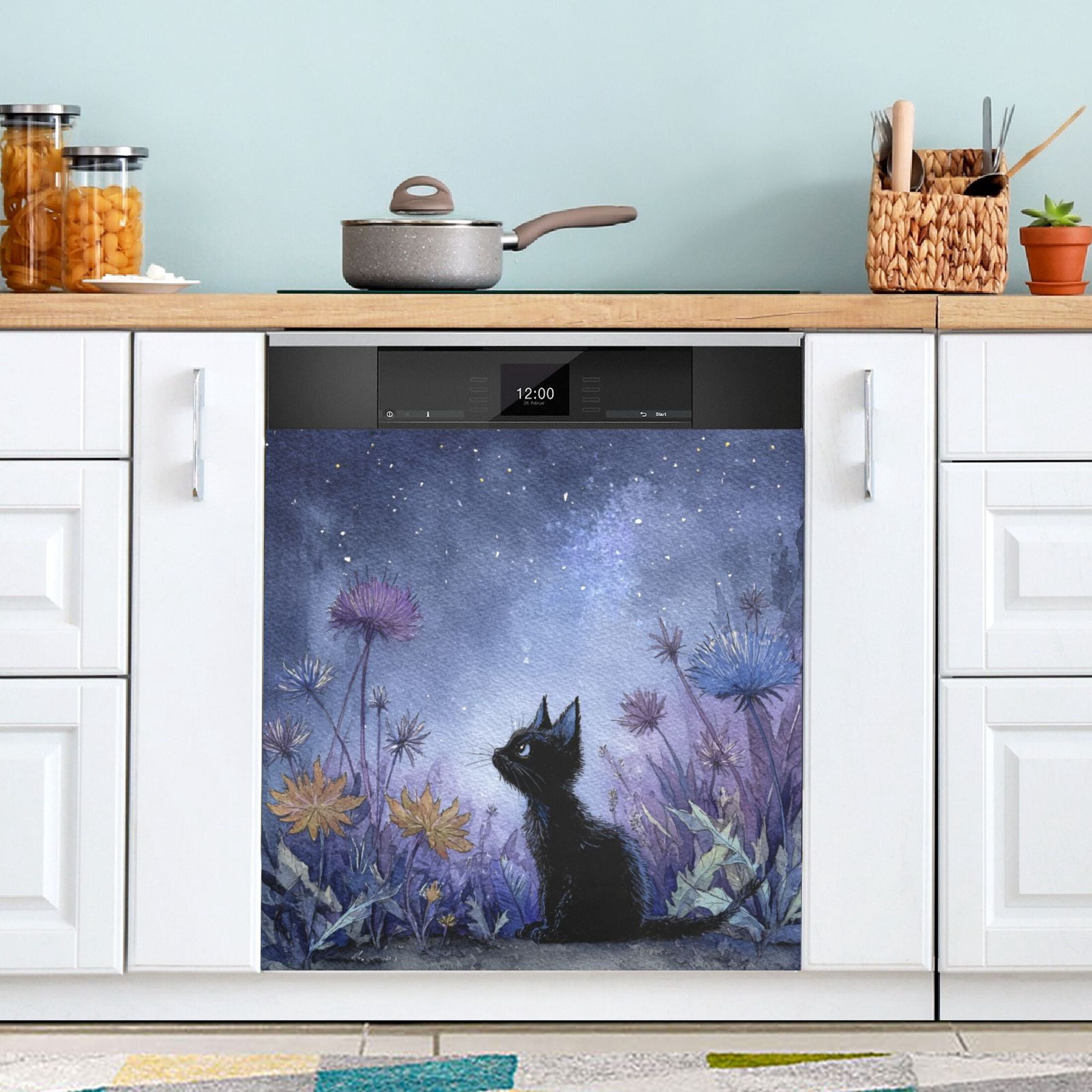 Dishwasher Magnetic Sticker 23x26 Inch Refrigerator Magnetic Sticker Washing Machine Magnetic Sticker Kitchen Panel Magnetic Sticker Home Decor Watercolor Black Cat