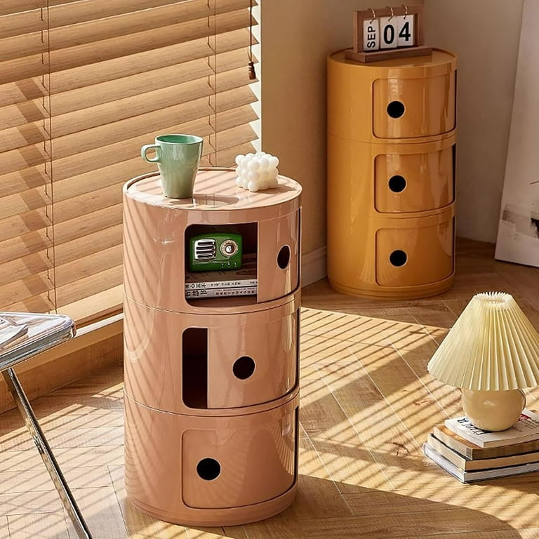 Round Bedside Table, with 3 Drawers, Unique Side, Storage