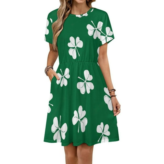 Clover Leaf Hand Drawn Doodle Short Sleeve Dress Women Summer Evening Dresses Ladies Sundress