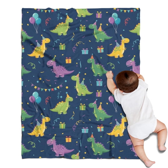 DarkBlue Cartoon Dinosaurs PartyElements Pattern Blanket,Comfortable Soft Flannel Throw Blanket,All Season,Warm Lightweight Blankets for Sofa Bed Couch Living Room Chair,30"x40"