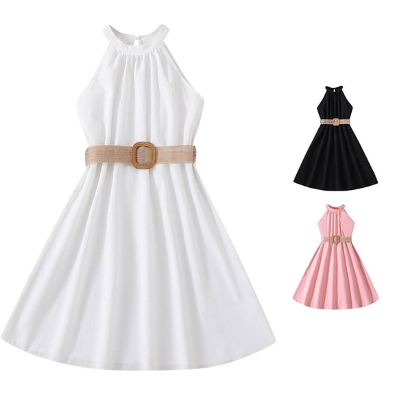 WAYUTE Flower Girl Dress Sleeveless Shoulder Ruffle Halter Neck A Line Dresses with Woven Belt for Kids Teen Wedding Princess Dresses,White