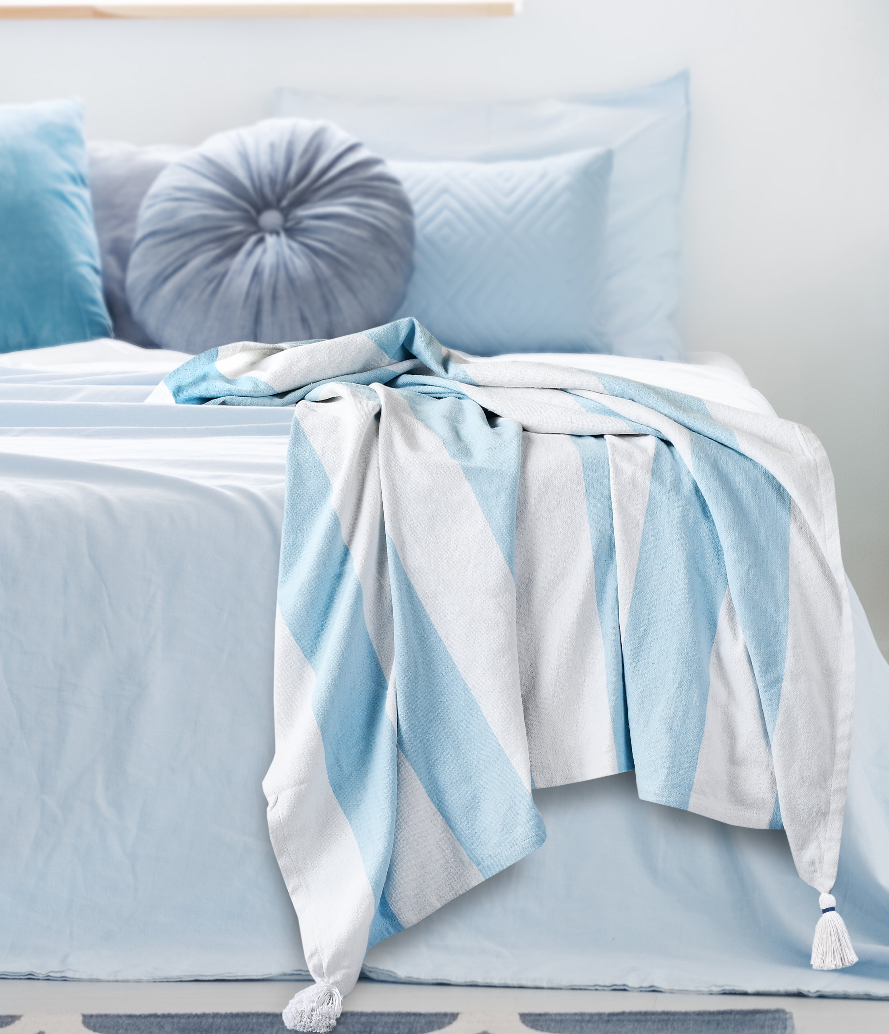 Ox Bay Aqua Blue Striped Cotton Throw Blanket, 50" x 60"
