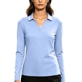 thumbnail image 2 of ClodeEU Women's Lapel V Neck Long Sleeve Top,Solid Color Casual Slim Fit Pullover Shirt Blue,Women's Plus M, 2 of 7