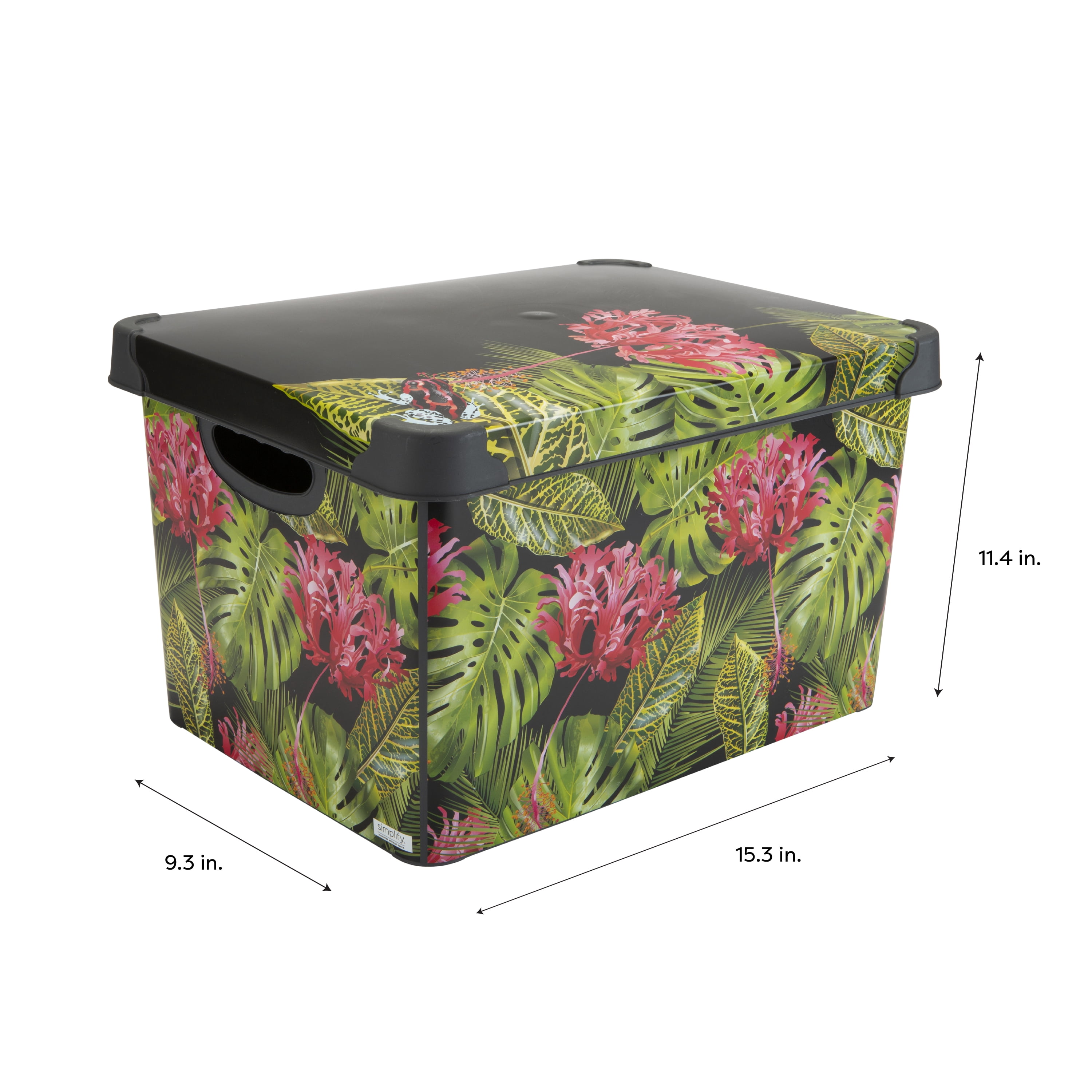 Simplify 2 Pack Tropical Leaf Print Design Plastic Storage Bin, Black