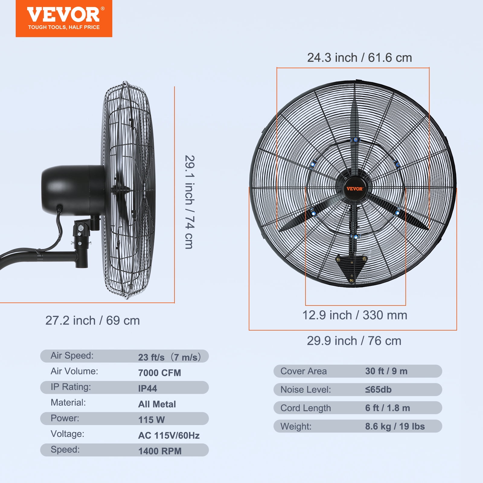 VEVOR Wall-Mount Misting Fan,24 inch, 3-Speed High Velocity Max. 7000 CFM, Waterproof Oscillating Industrial Wall Fan, Commercial or Residential