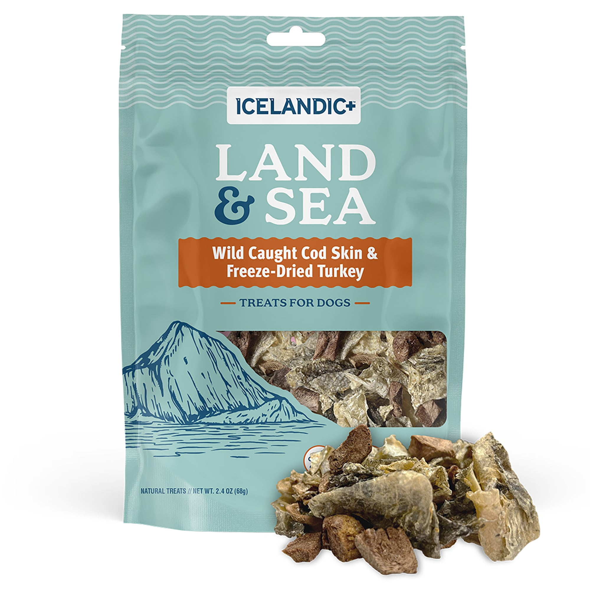 Icelandic+ Land & Sea Wild Caught Cod Skin & Freeze-Dried Turkey - 2.4oz Bag, Dog Treat & Food Topper, 2 Ingredients, No Preservatives, All Natural