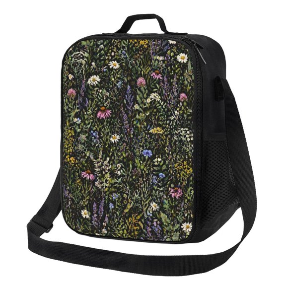 Dark Wildflower Botanical Lunch Bag Insulated Thermal Lunch Box with Shoulder Strap & Handle for Women and Men
