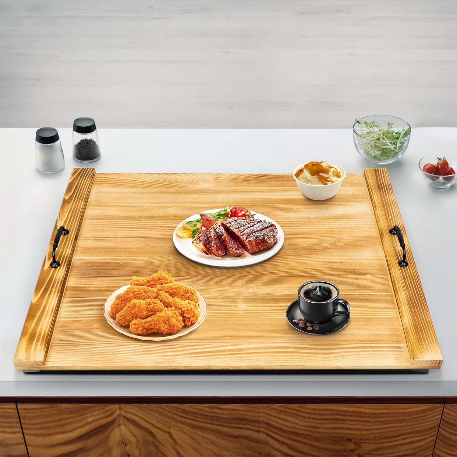 Noodle Board Stove Cover with Handles for Electric, Gas Stove Top 22 "x 30 "Acacia Wood Range Stovetop Protector