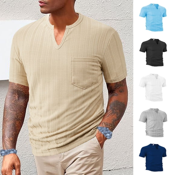 HVOBTTY Men's Summer T Shirt Casual Classic Solid Color Short Sleeve V Neck Lightweight Linen Like Sport Top Black, XXL