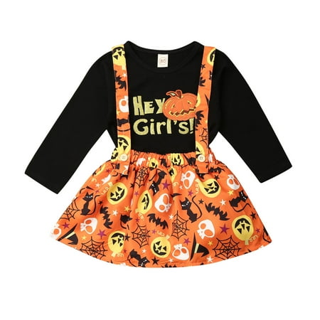 

Girl s Autumn Outfit Sets Black Long Sleeve Round Neck Letter Print T-shirt + Pumpkin Print Suspender Skirt