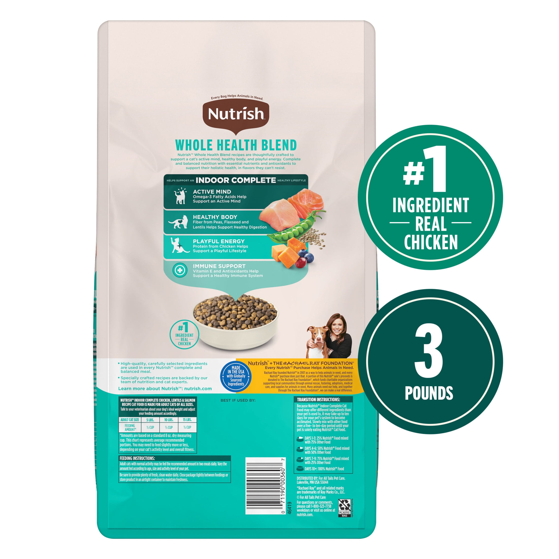 Nutrish Indoor Complete Chicken, Lentils & Salmon Recipe Dry Cat Food (Rachael Ray), 3 lb. Bag