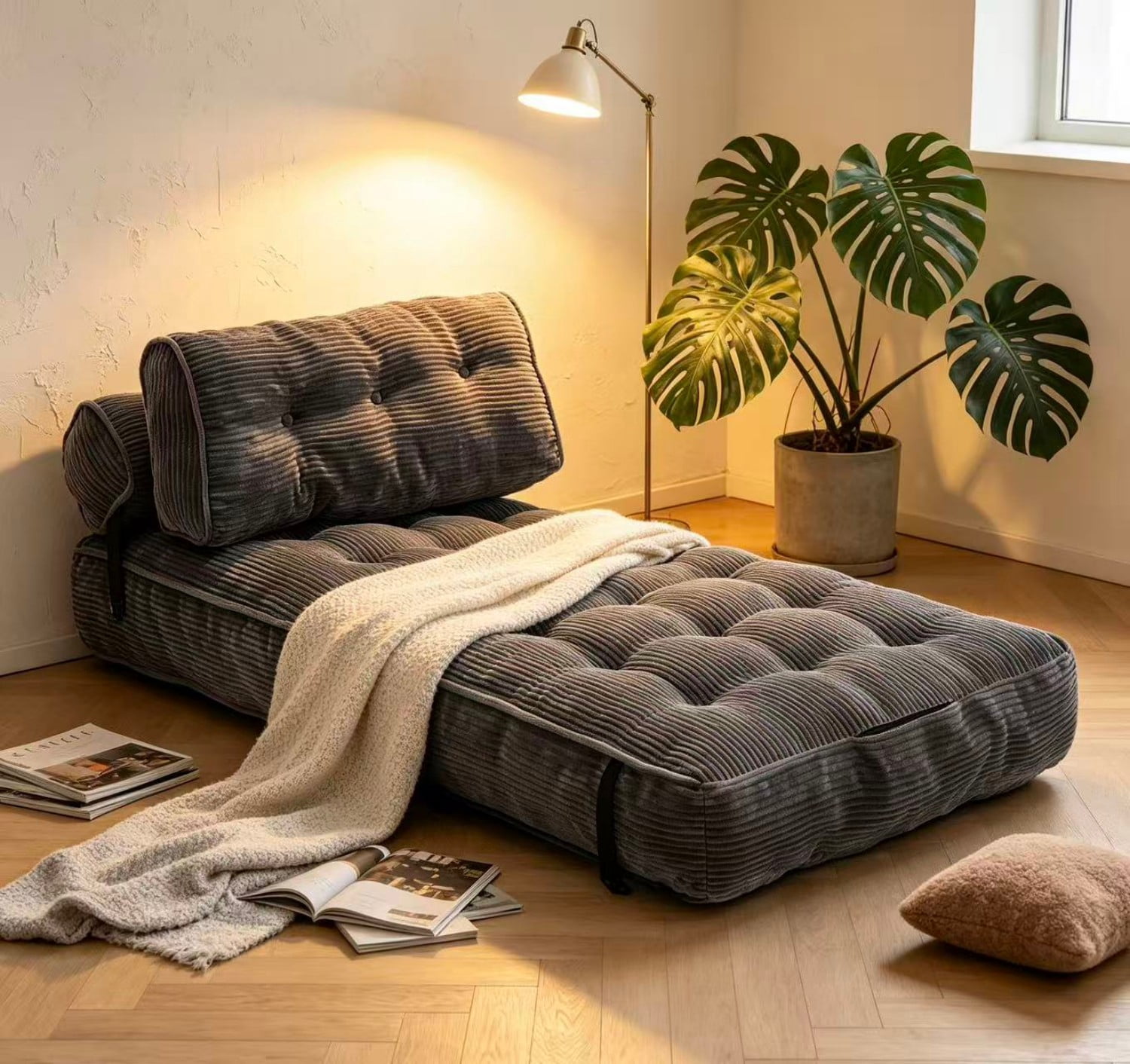Folding Sofa Bed, Convertible Sleeper Chair Bed with Headrest & Lumbar Pillow, Foldable Floor Sofa Mattress for Living Room, Bedroom, Small Space, Grey