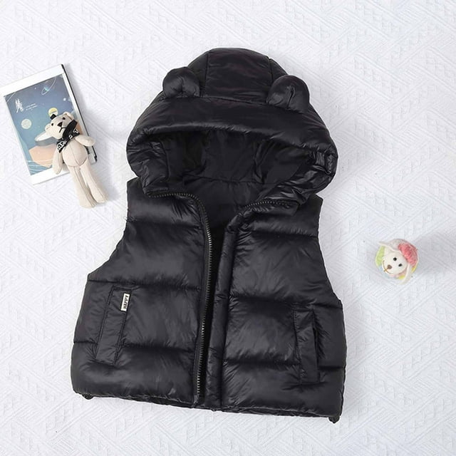 RXIRUCGD Children's Solid Color Thick Hooded Pocket Sleeveless Jacket( Black, Size:7 Years )