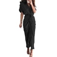 thumbnail image 3 of DYMADE Women Summer Solid Turn-down Collar Short Sleeve Loose Waist Pleated Belted Shirt Dress, 3 of 3