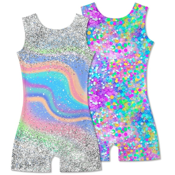 Aridak 2 Pack Gymnastics Leotards for Girls Sparkly Toddler Biketards with Shorts Kids Unitard Dance Sportswear 3-10T
