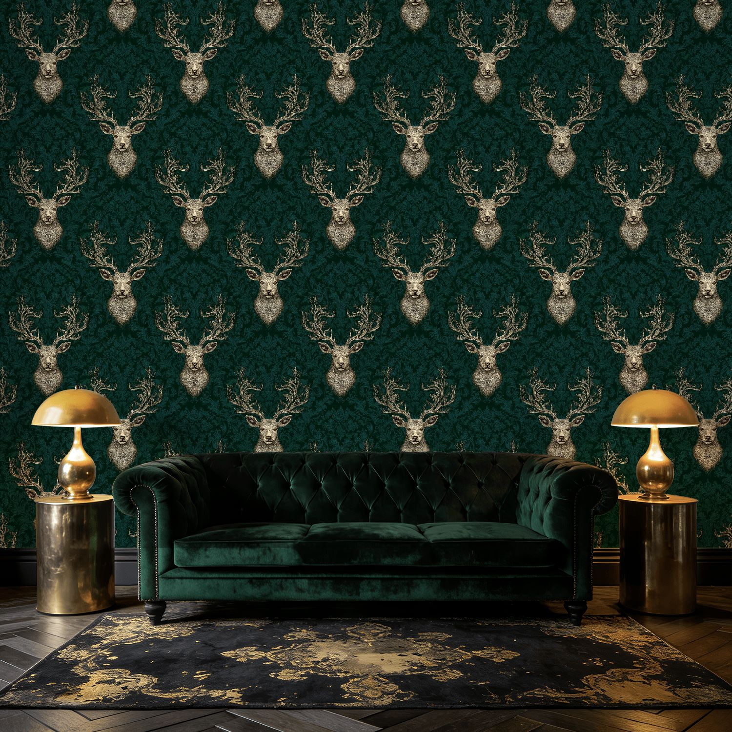 Peel and Stick Wallpaper Baroque Vintage Stag Head Damask Elegant Gold Green Wall Mural 17.7in x 9.8ft Self Adhesive Removable Wall Paper Renter Friendly Wallpaper for Nursery Bedroom Cabinets
