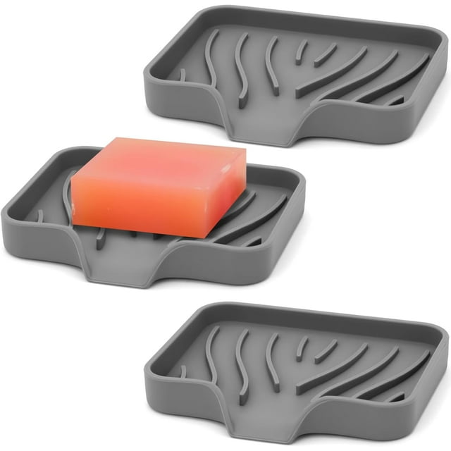 Jaboneras para Baño, Paquete de 3, Soporte para Jabón, Bandeja, Escurridor de Silicona Flexible para Ducha, para jabón o Esponja, Accesorios para Cocina y Baño (Gris)