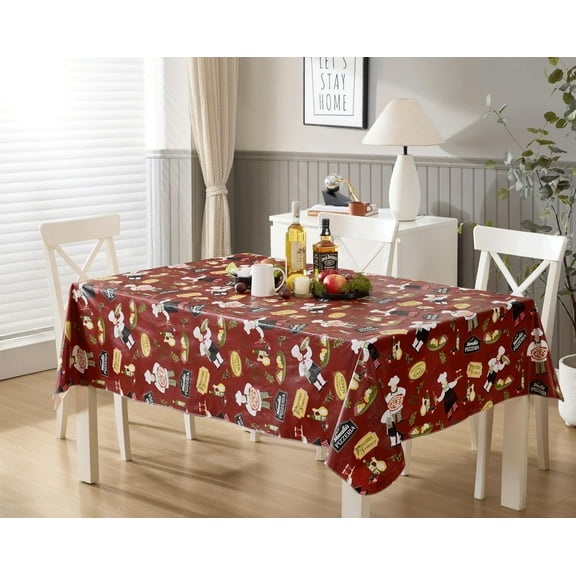 Italian Red Bistro Chef 52 x 52 inch Rectangle Vinyl Tablecloth with Flannel Backing for Party Dining