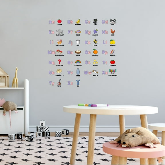 Home Wall Decal - Apple Banana Cat Dog - Cute Learning Design Cute Alphabets Chart with Images to Learn - Proudly Hand Made Decal - Size: 10 In(W) x 10 In(H)