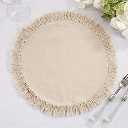 

Fennco Styles Stonewashed Fringe Design 100% Linen Placemats 13 Round Set of 4 - Natural Table Mats for Christmas Holiday Dining Table Everyday Use Banquets and Special Occasion