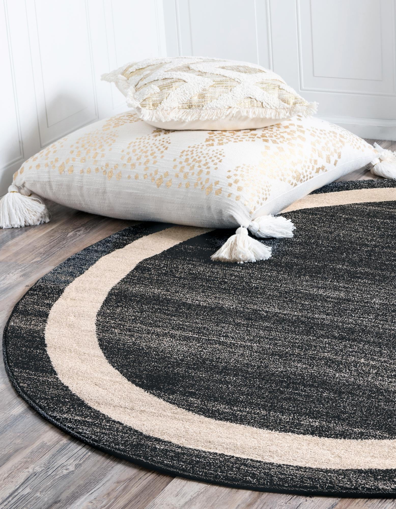 Rugs.com Angelica Collection Rug – 8 Ft Round Black Medium Rug Perfect For Kitchens, Dining Rooms
