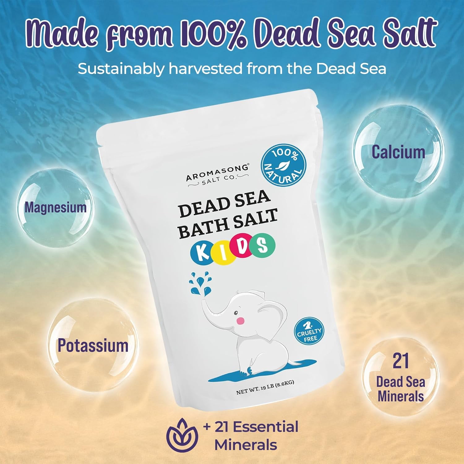 Aromasong Dead Sea Salt Kids Bath Soak 19 lb | Fine Salt with Dead Sea Minerals for Gentle Toddler & Baby Bath