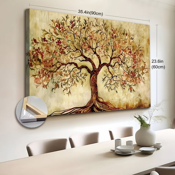 2D Flat, Extra Large Canvas Wall Art Featuring a 2D Flat Design with a Wooden Frame, Depicting Yggdrasil, The Tree of Life. This Modern Rustic Decor Piece Is a Symbolic Artwork,
