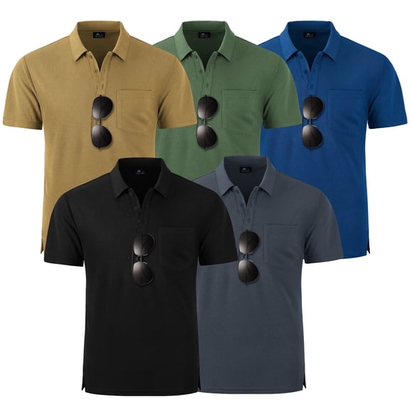 SPEEDRUN Mens 5 Pack Polo Shirts with Pocket Short Sleeve Moisture Wicking Outdoor Tactical Shirt Summer Casual M