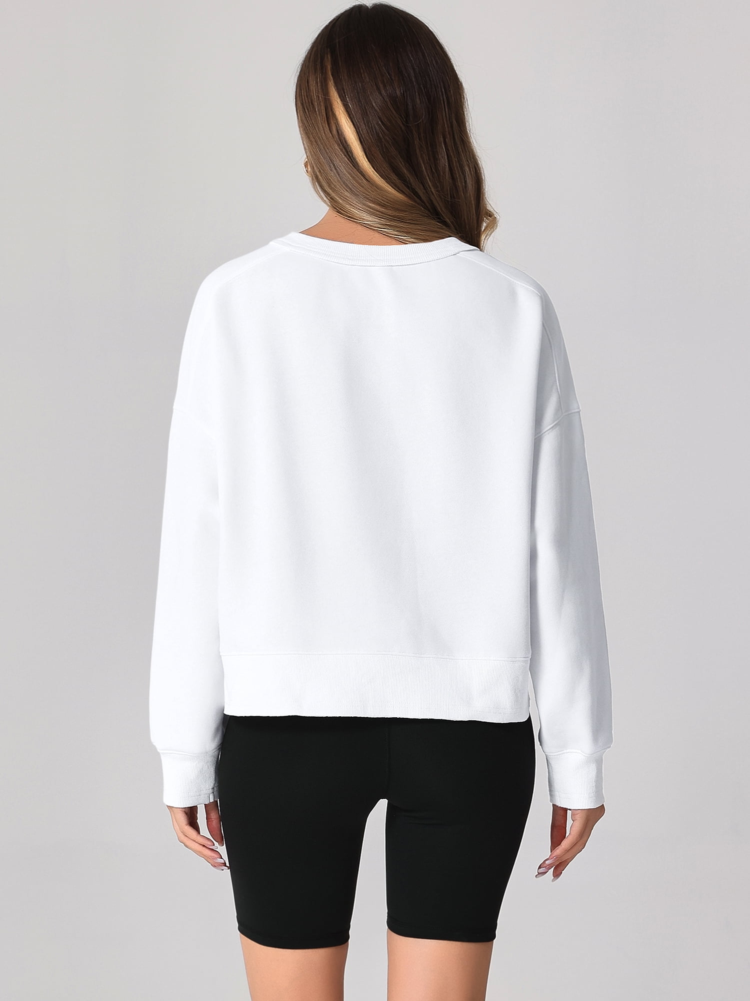 Unique Bargains Women Crew Neck Fleece Pullover Oversized Cropped Sweatshirt S White