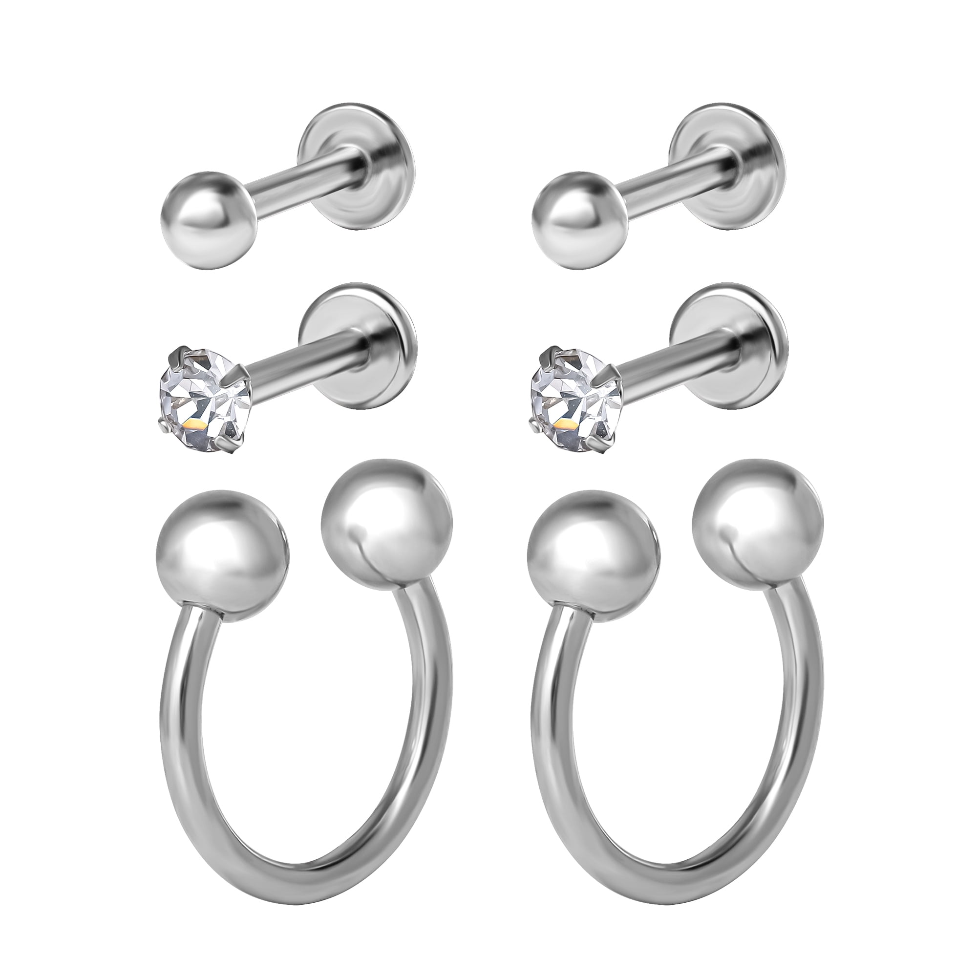Body Jewelry Women's Stainless Steel 16 Gauge Crystal Labret & Monroe Nose Ring Set, 4-Pack