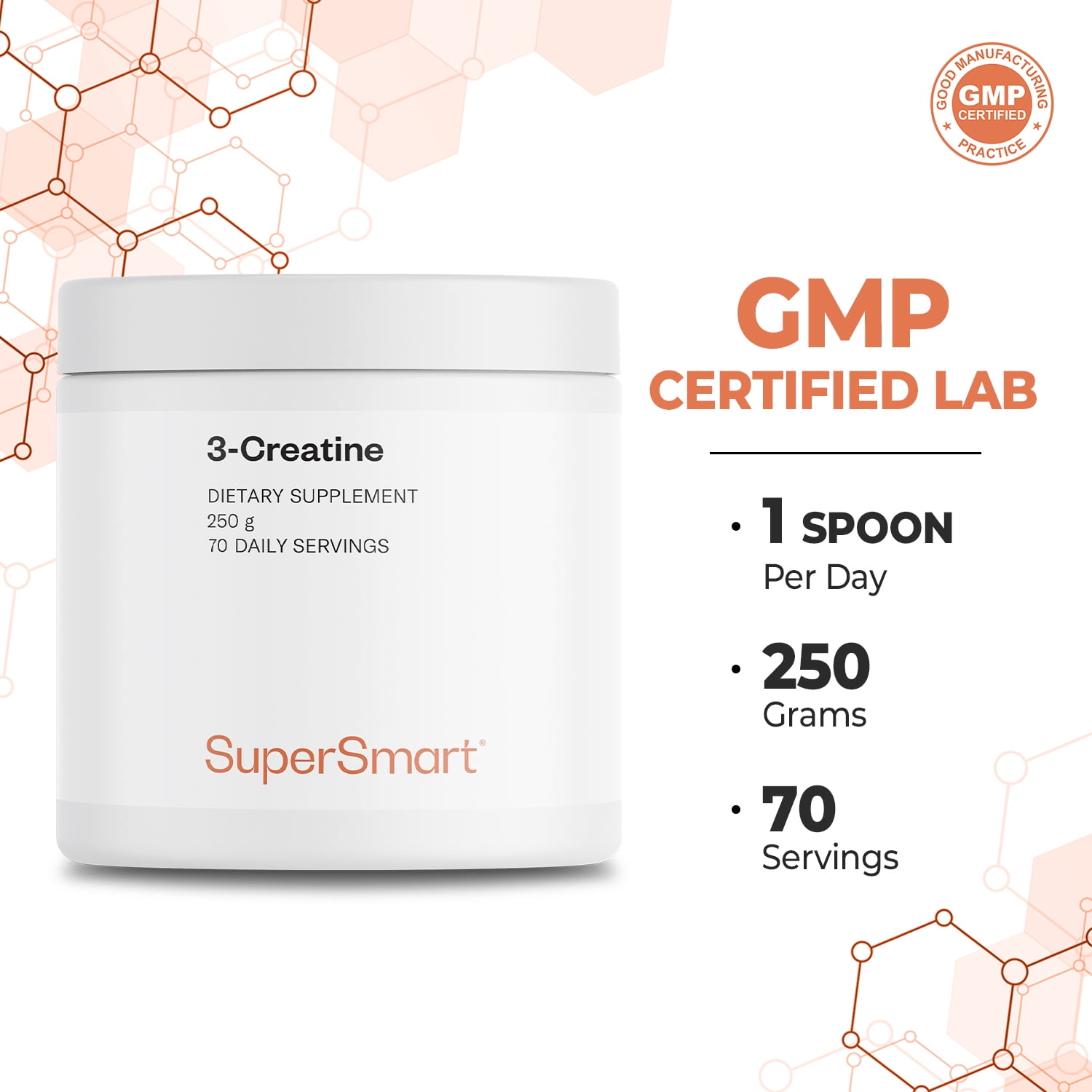 SuperSmart - 3-Creatine Powder (High Strength) - Creatine Complex - Sport Performance & Recovery | Non-GMO & Gluten Free - 250 g