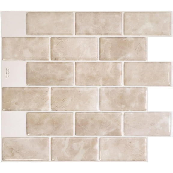 Peel and Stick Backsplash - Sheets of 10.95" x 9.70" - 3D Adhesive Peel and Stick Tile Backsplash for Kitchen, Bathroom, Wall Tile (Beige, Marble, Pack of 10)