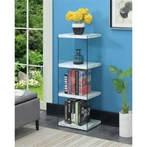 Pemberly Row Four-Tier Bookcase in White Fuax Marble Wood and Clear Glass