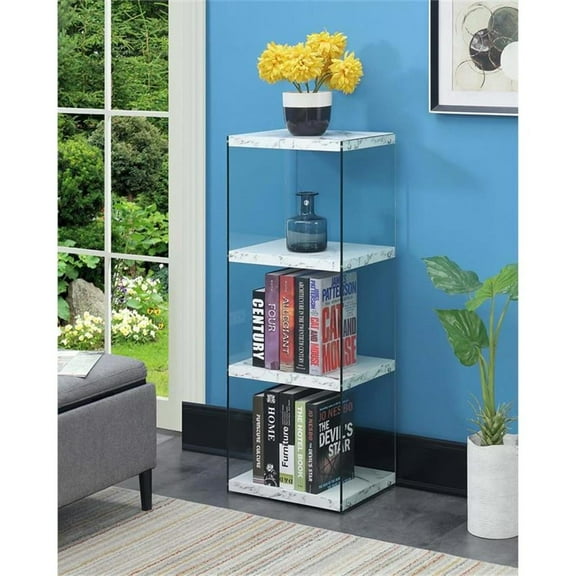 Pemberly Row Four-Tier Bookcase in White Fuax Marble Wood and Clear Glass
