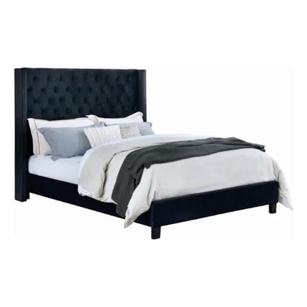 Hiu King Size Bed-Wingback Headboard in Black Velvet Like Upholstery