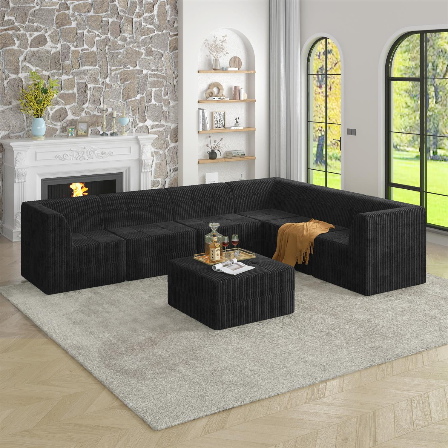 Demi Bonn 130" L-Shaped Modular Sectional Sofa, Modern Minimalist Style DIY Compressed Corduroy Couch for Living Room & Bedroom, Black