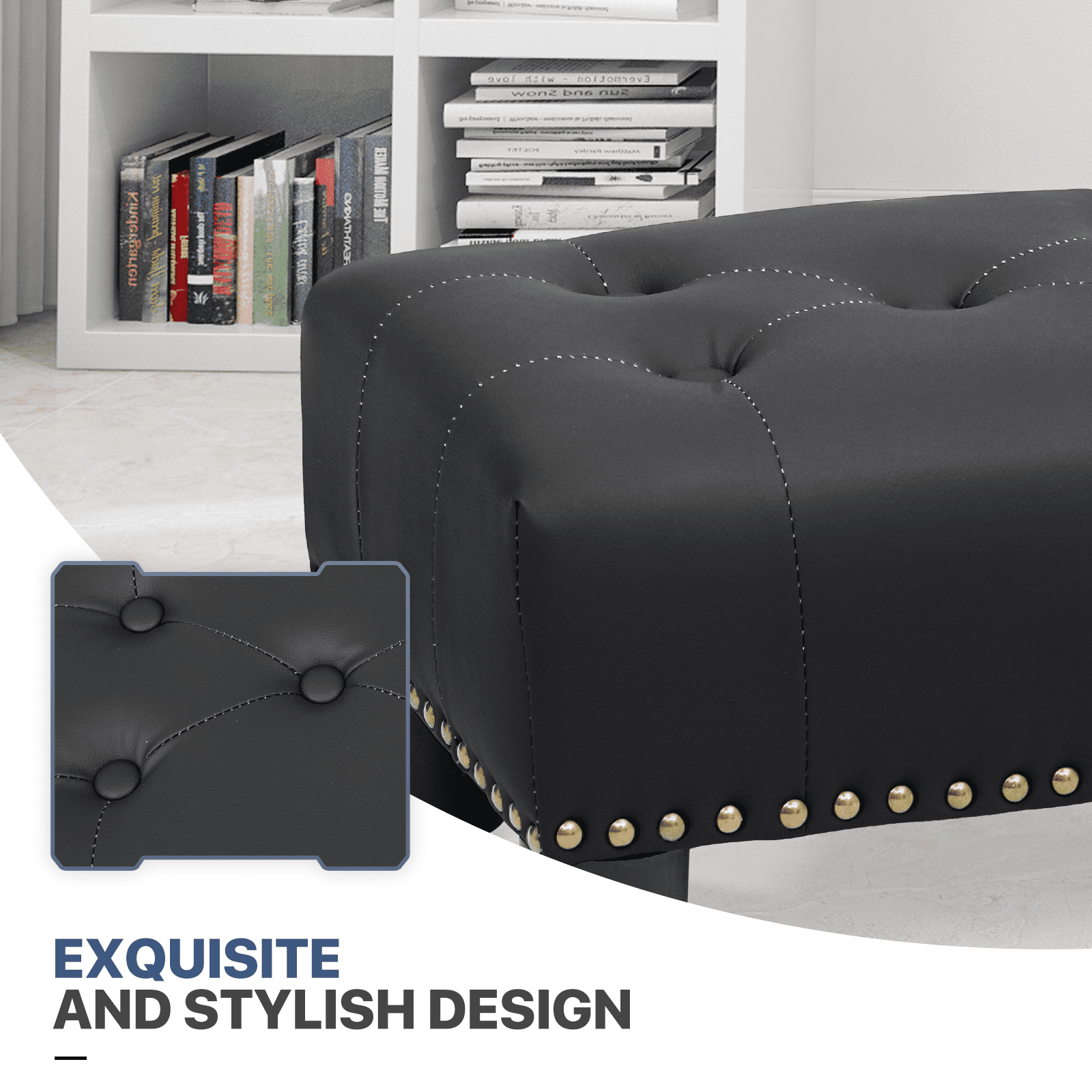 MoNiBloom Footstool Ottoman with Padded Seat, Modern PU Leather Footrest, Rectangular Seat Stool, Black