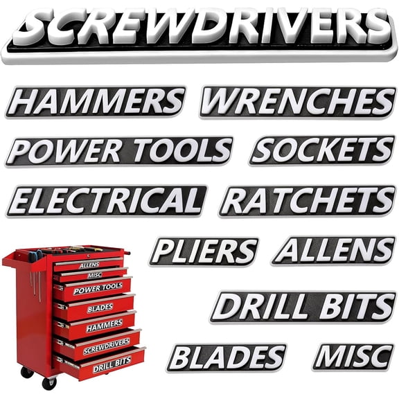 Tool Box  Labels, 12 Pack  Raised ABS Drawer Labels, Easy-Read High Contrast,   Backing, Repositionable Tags for Steel Toolboxes & Tool Chest Drawers