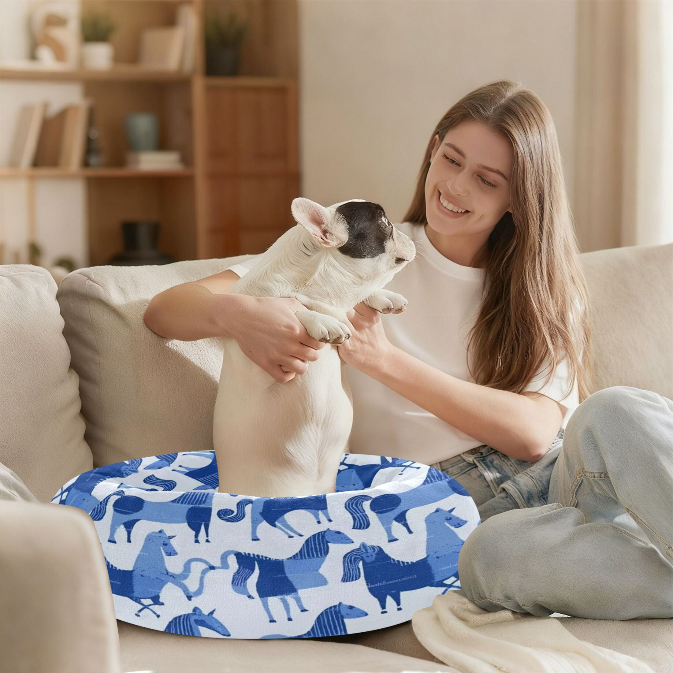 Iauyy Pet Couch Donut Cat Bed for Indoor Cats/Small Dogs Washable & Machine with Non-slip Bottom Calming Cat Furniture, Blue-toned Horse (S)